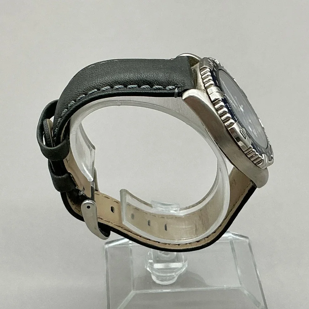 Fossil Watch Mens Silver Tone Blue Dial Black Leather Band AM-3060 NEW BATTERY